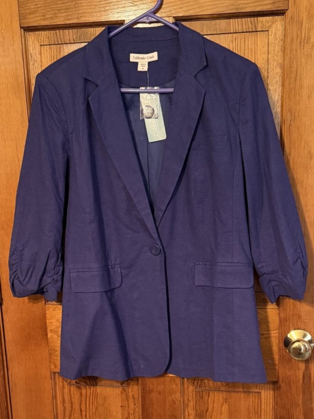 NWT Coldwater Creek Indigo Linen Blend Ruched-Sleeve Blazer - size 14